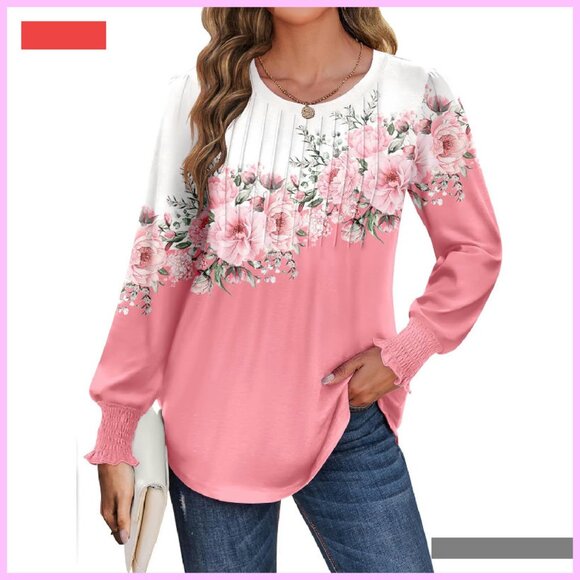 Puff Sleeve Pleated Blouse Long Sleeve Crew Neck Work Casual Top S-3XL - Picture 2 of 4